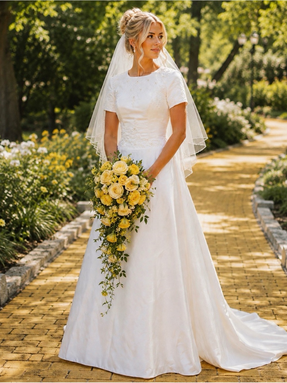 White Embroidered Short-Sleeve Bridal Gown